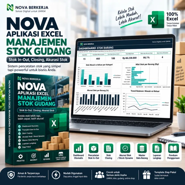 NOVA - Aplikasi Excel Manajemen Stok Gudang (Stok In-Out, Closing, Akurasi Stok)